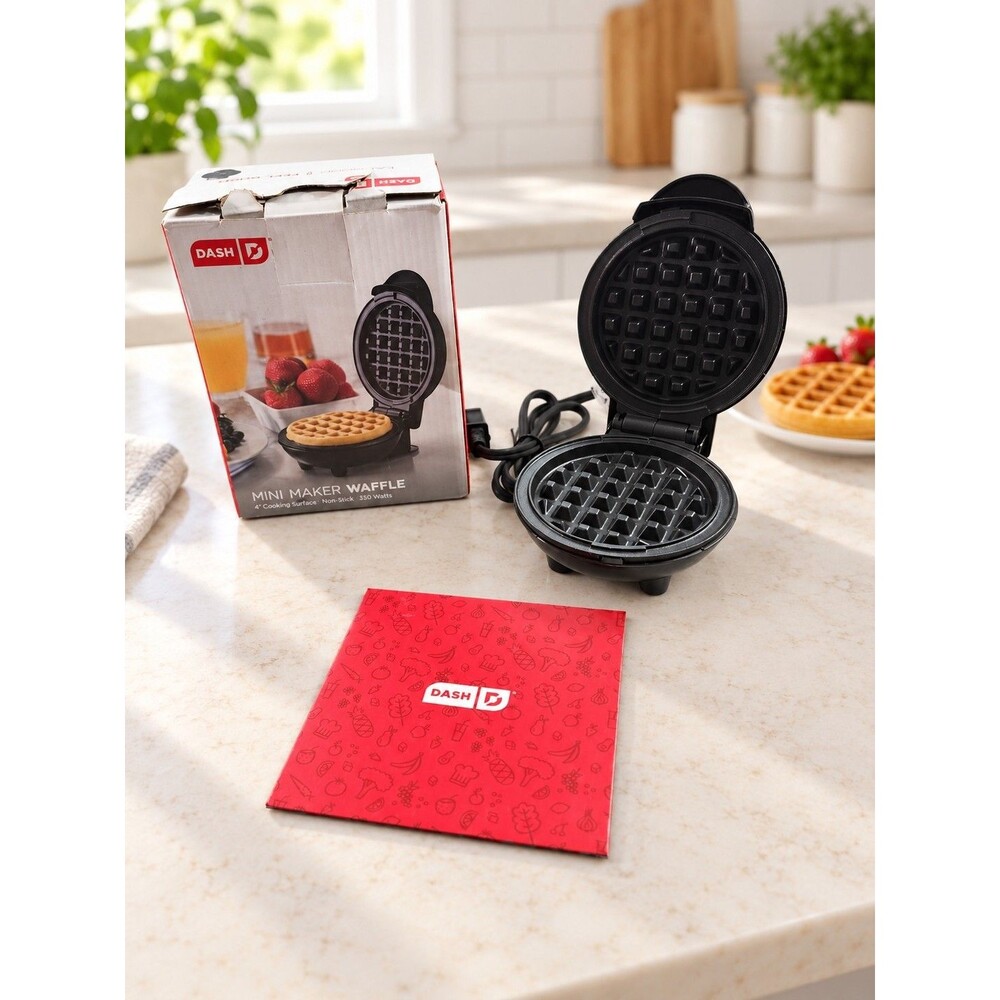 DASH Mini Waffle Maker 4-Inch Nonstick 350W Black with Box & Recipe Guide